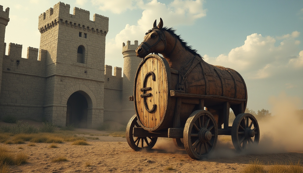Caballo de Troya de madera sobre ruedas con símbolo del euro ante un castillo medieval, metáfora del euro digital