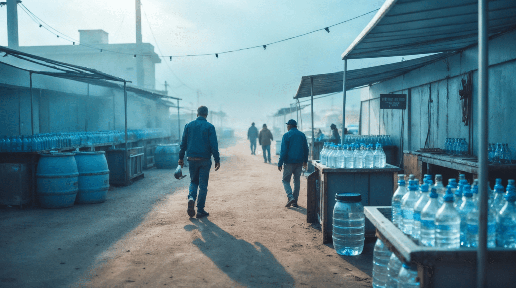 Dos personas caminan por un mercado de comercio de agua