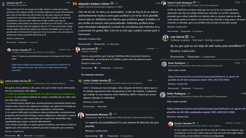 Captura de debates en LinkedIn sobre despidos, IA y el futuro laboral en Telefónica