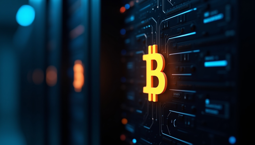 Logotipo de Bitcoin brillante sobre placas electrónicas, concepto blockchain y criptomonedas 2025