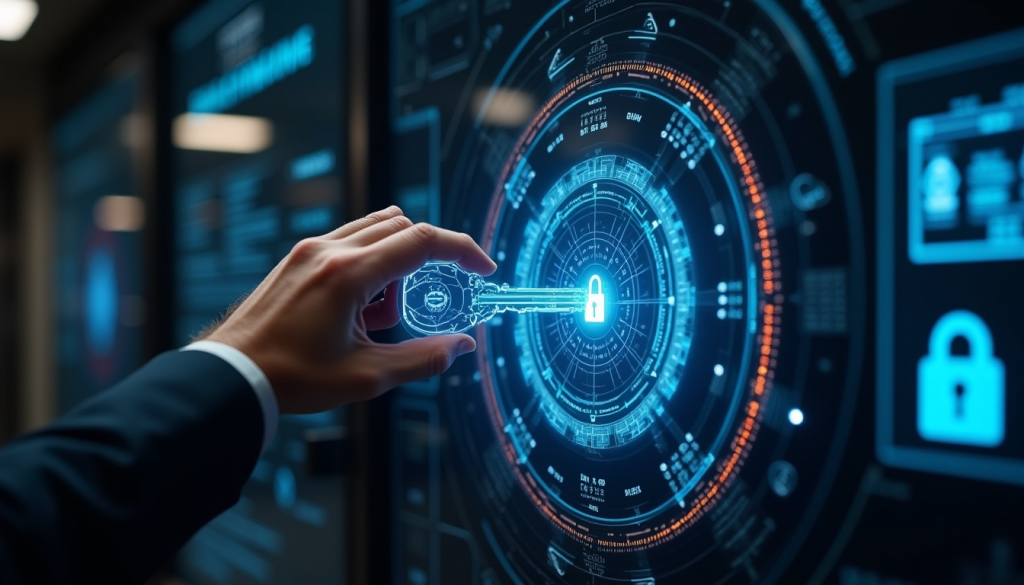 Llave digital abriendo candado en interfaz futurista, simbolizando custodia y seguridad blockchain