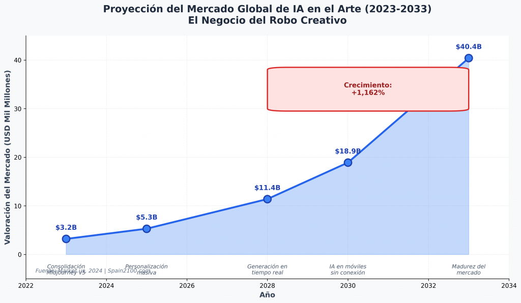 Gráfico: proyección 2023-2033 del mercado global de IA en el arte, de $3.2B a $40.4B (+1162%).