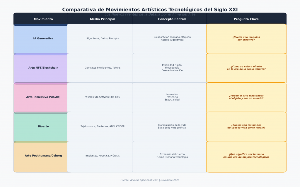Infografía del siglo XXI que compara IA generativa, arte NFT, VR/AR, bioarte y posthumano con medios y preguntas clave.