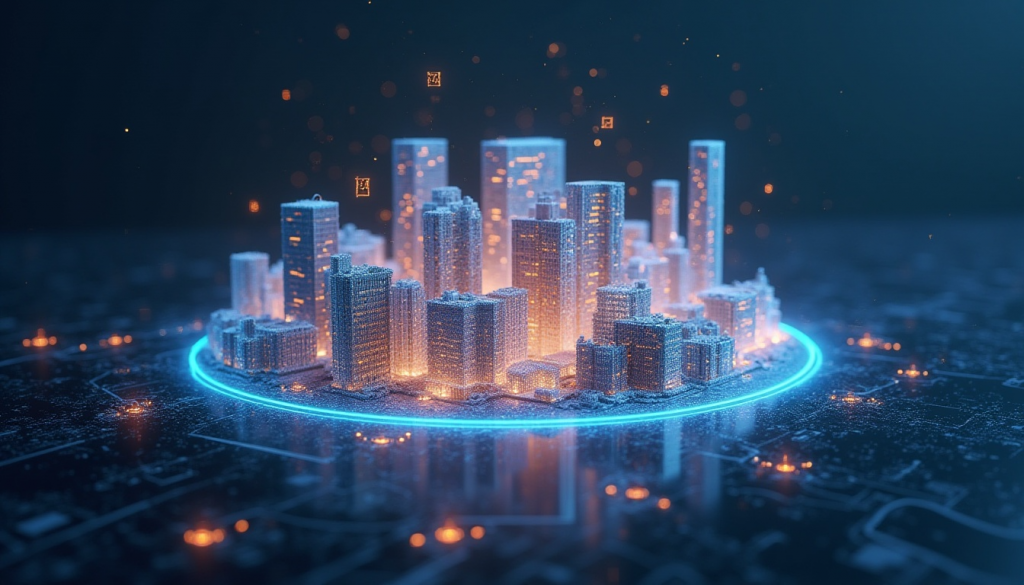 Ciudad tokenizada en blockchain: RWAs y bienes raíces digitalizados con brillo neón.