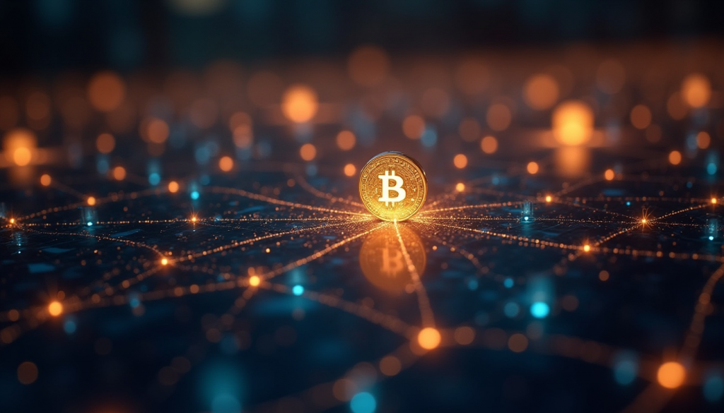 Moneda de Bitcoin brillando sobre una red blockchain, tokens, stablecoins y RWAs