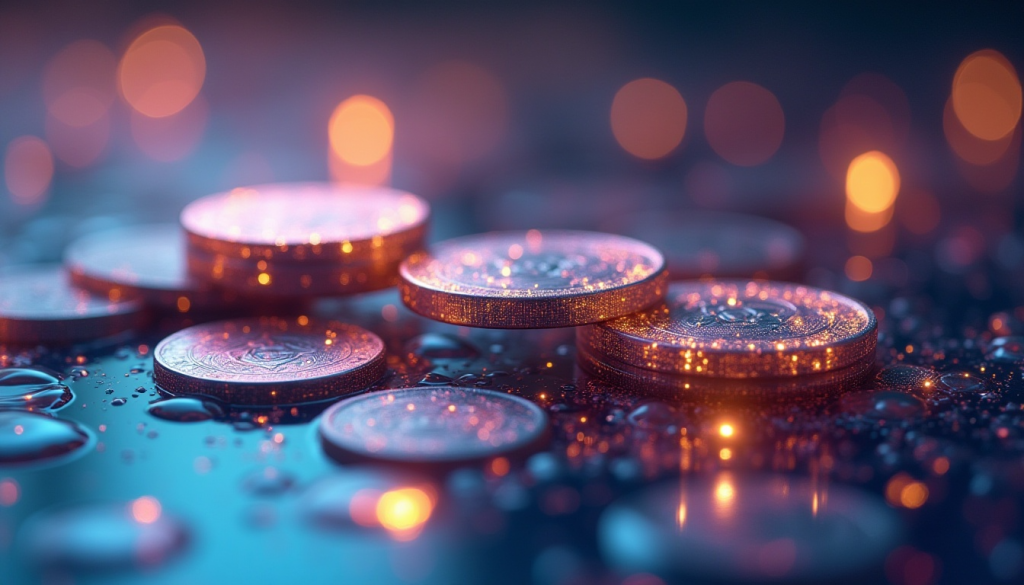 Monedas digitales de criptomonedas sobre superficie mojada y luces bokeh, simbolizando tokens y activos en blockchain