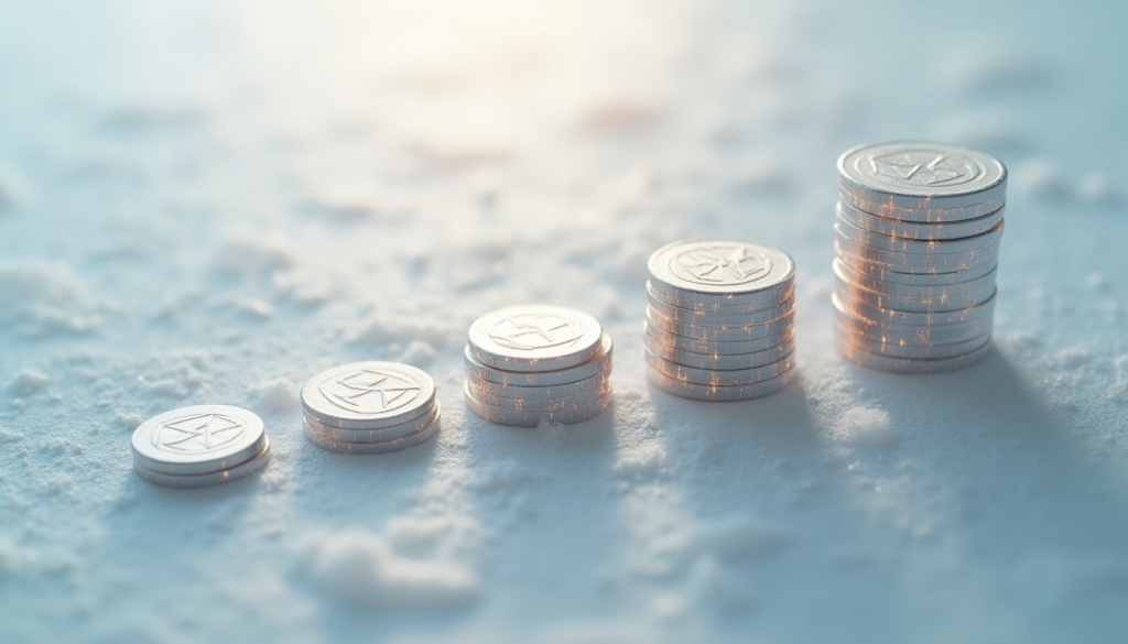 Monedas cripto apiladas con símbolo de Ethereum, ilustrando crecimiento de tokens y tokenización en blockchain