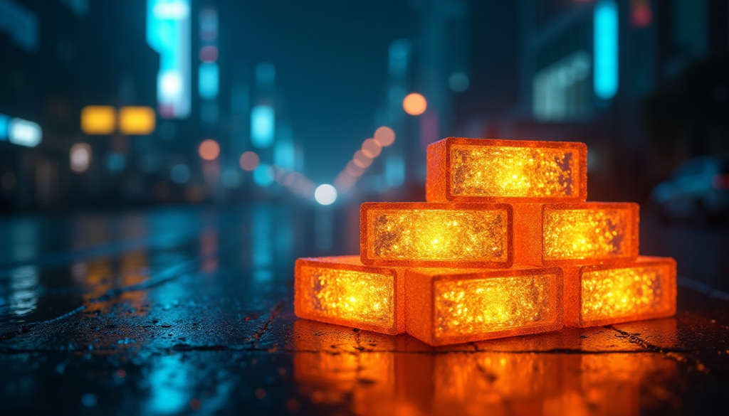 Bloques luminosos apilados sobre calle mojada en ciudad nocturna, metáfora de blockchain 2025
