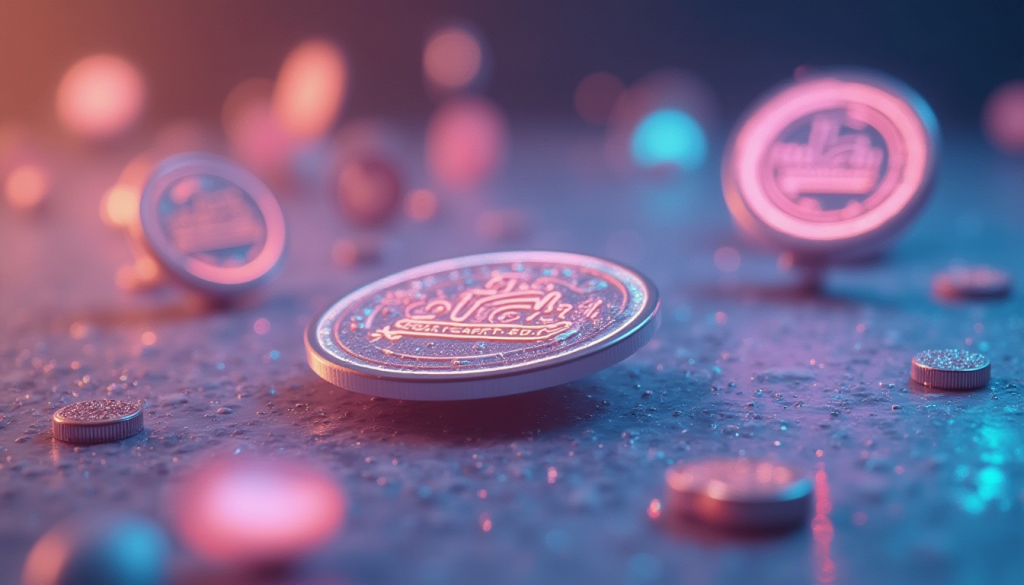 Monedas de criptomonedas con luces neón en macro, representación del ecosistema blockchain 2025