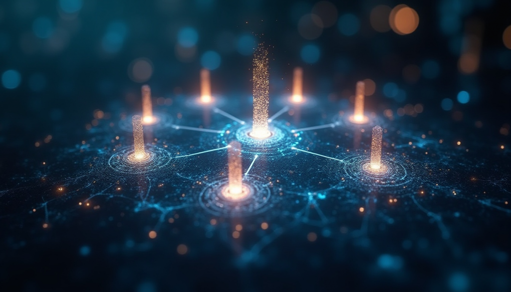 Visual futurista de red blockchain descentralizada con nodos interconectados y datos brillantes