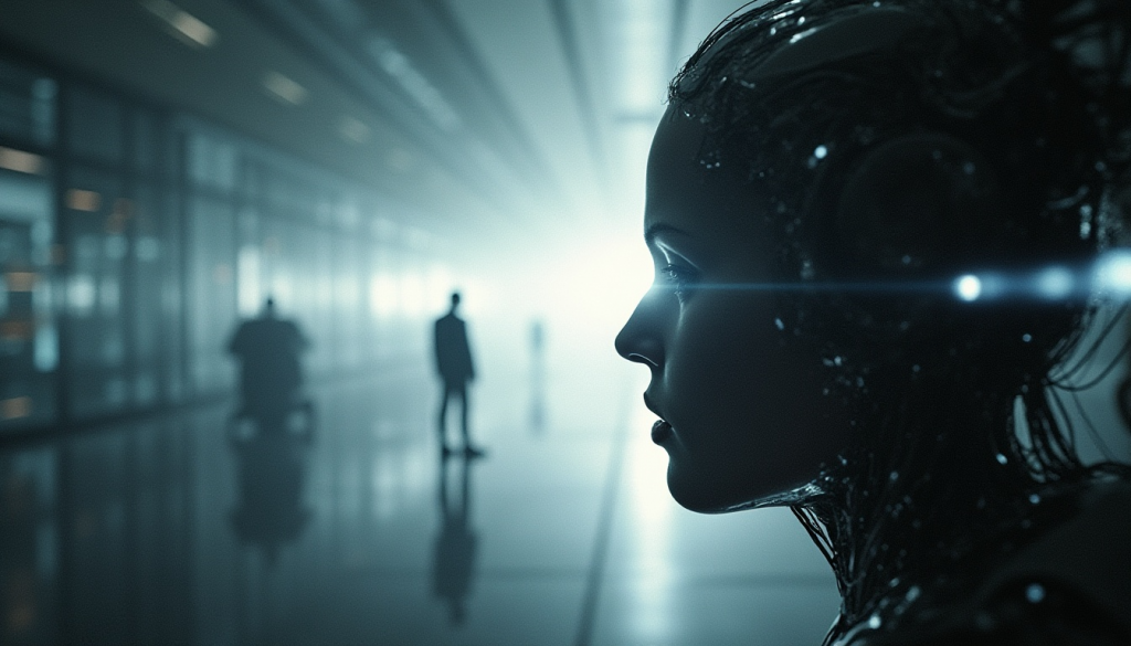 Perfil de androide IA en pasillo futurista, blockchain