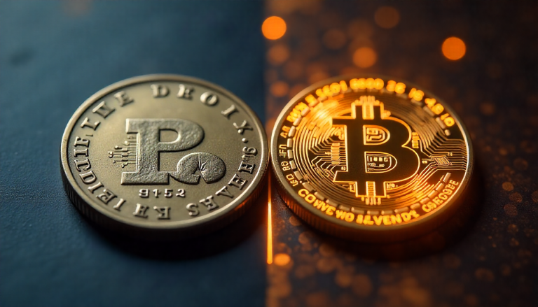 Bitcoin y token físico sobre fondo oscuro, representación de tokens cripto, utilidad y gobernanza