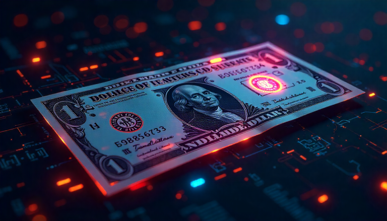 Billete de dólar en circuito digital, metáfora de stablecoins, cripto, riesgos y regulación
