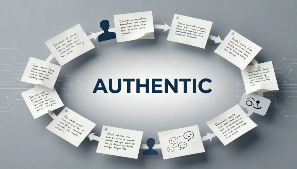Ilustración conceptual: autenticidad en contenido humano vs IA, E-E-A-T y futuro del SEO