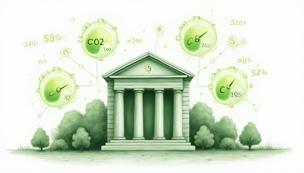 Fachada de banco moderno con medidores de CO2, simbolizando control y huella de carbono digital