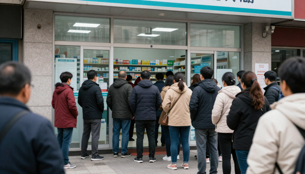Gente a las puertas de una farmacia
