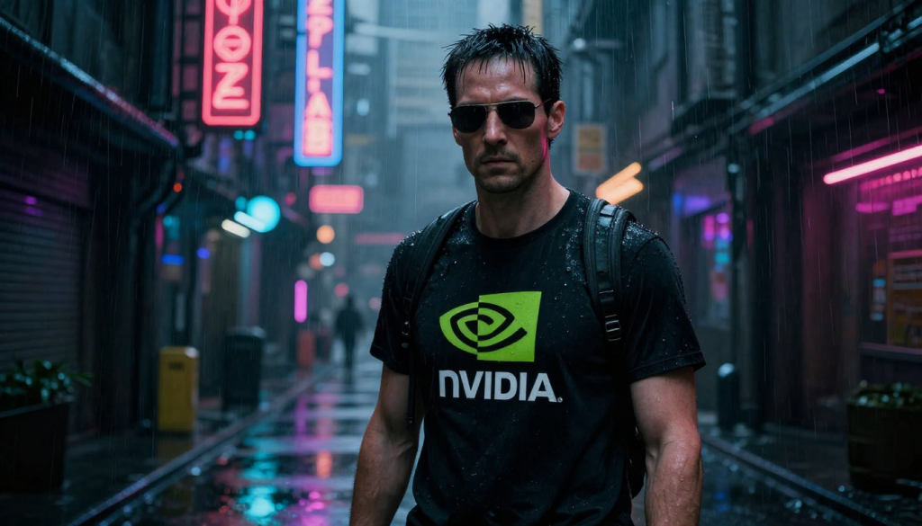 Hombre con camiseta de Nvidia en calle cyberpunk lluviosa, IA y automatización laboral