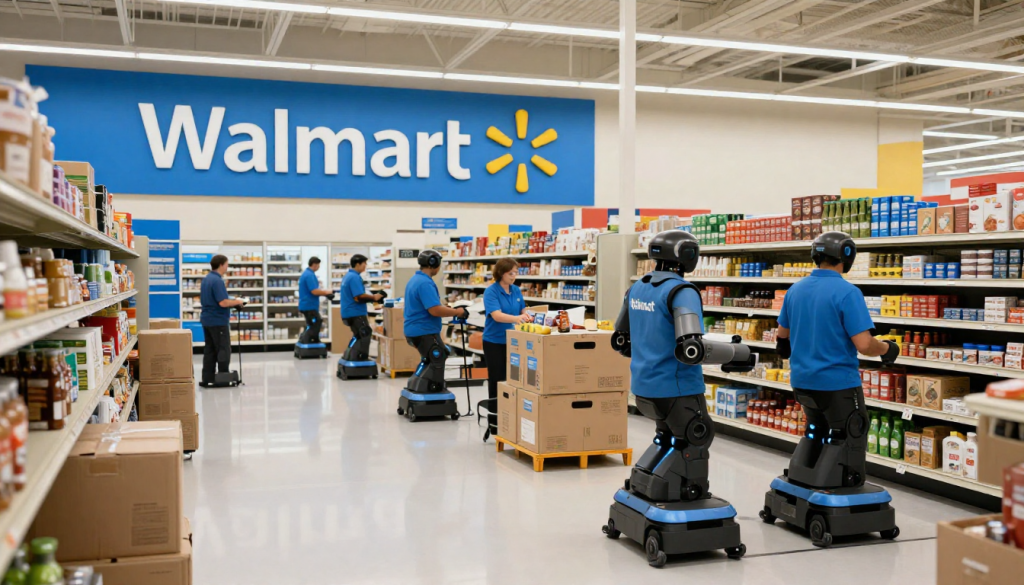 Robots humanoides reponiendo estantes en Walmart junto a empleados; automatización laboral con IA