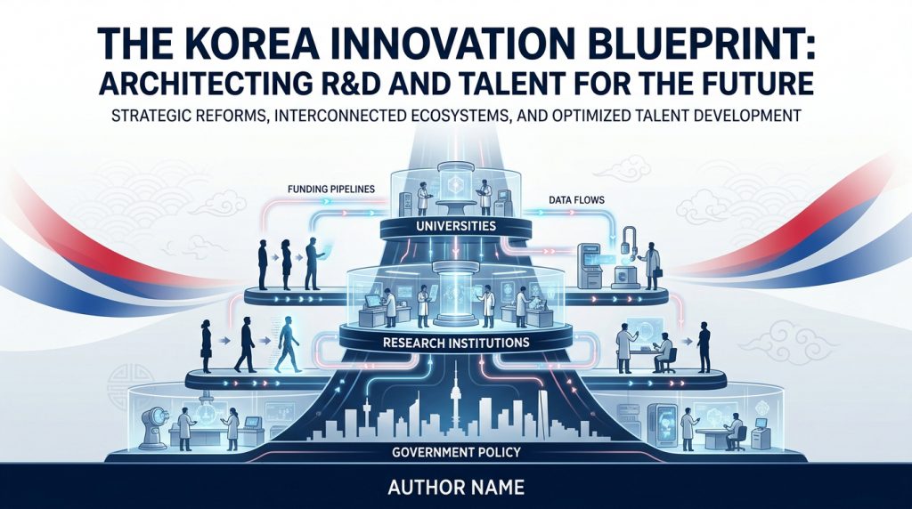 Futuristic editorial illustration about South Korea’s R&D reform and talent development system