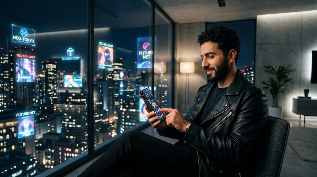 Hombre sonriente sentado en una habitación usando un smartphone con una ciudad nocturna futurista visible a través del ventanal.