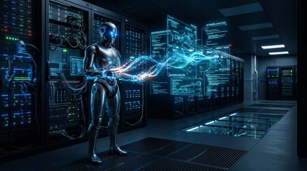 Robot humanoide futurista gestionando datos de forma autónoma en un centro de servidores mediante interfaces holográficas flotantes.