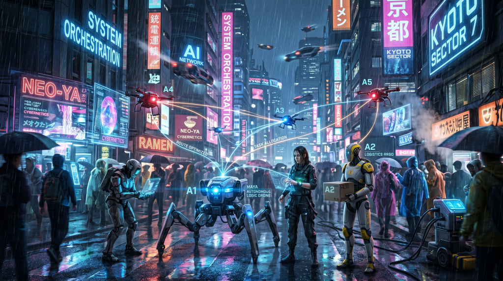 Ciudad futurista cyberpunk bajo la lluvia donde drones y robots coordinan tareas logísticas mediante líneas de datos holográficas conectadas.